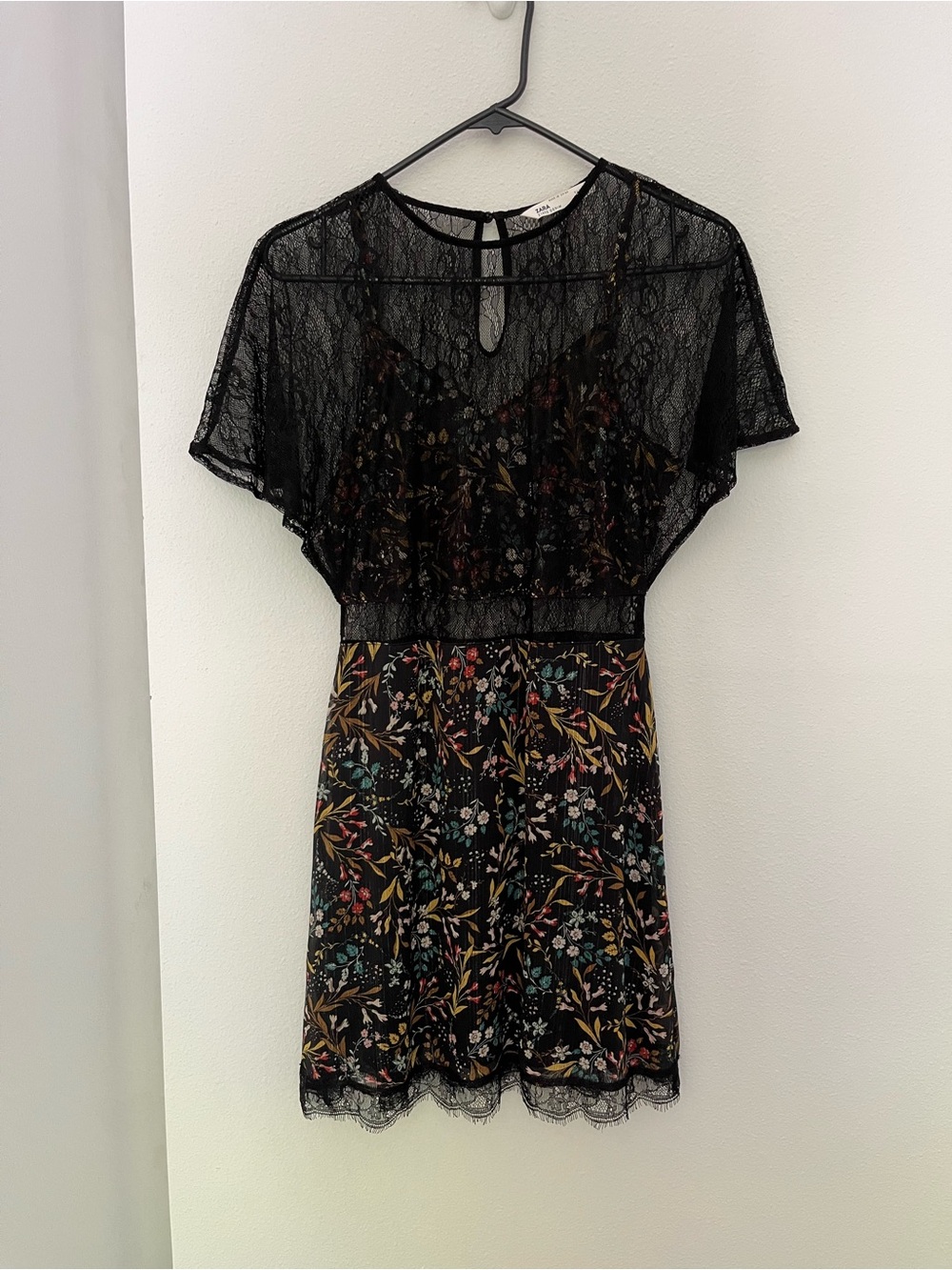 Zara Black Lace Overlay Mini Dress with Multicolor Floral Print